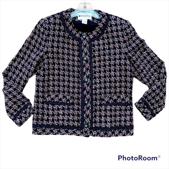 VINTAGE Tweed Structured Blazer Cropped Jacket Black Pink Size 8P - Picture 8 of 13